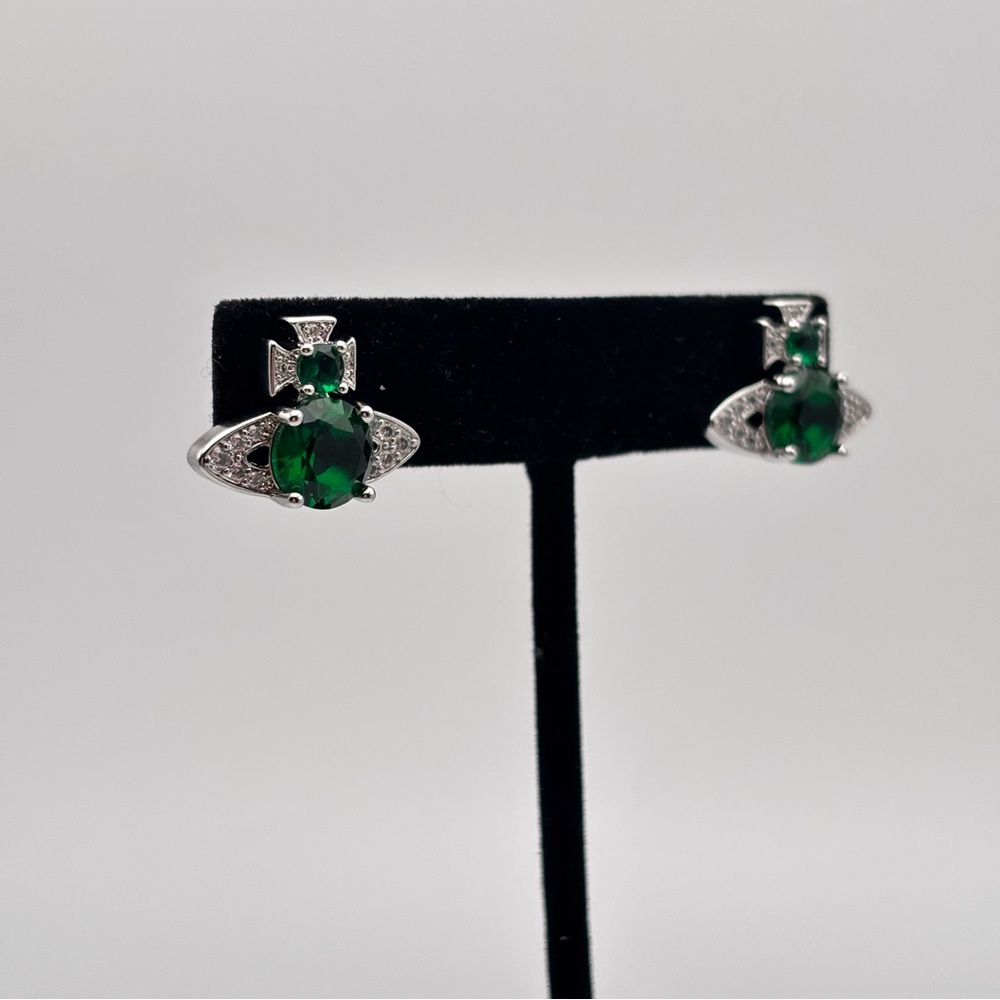 Vivienne Westwood Ismere Emerald Orb Crystal Stud Earrings Silver Tone - Picture 3 of 4